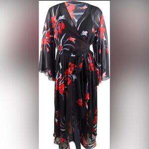 City Chic Floral Black and Red Wrap Dress